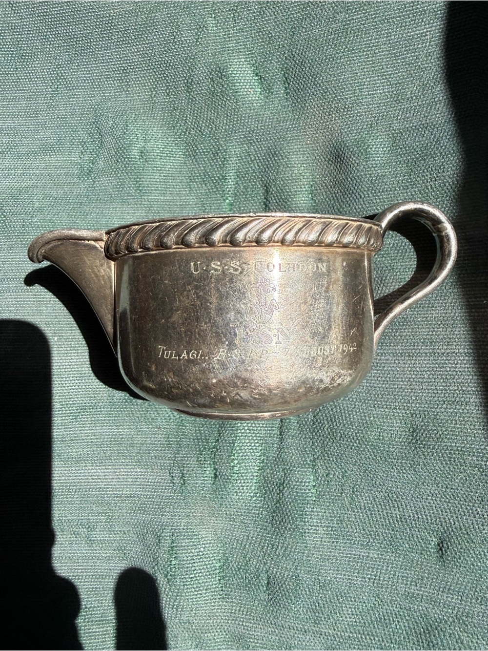 WWII USS Colhoun Gorham Silverplate Navy Creamer Tulagi 1942 8 Oz